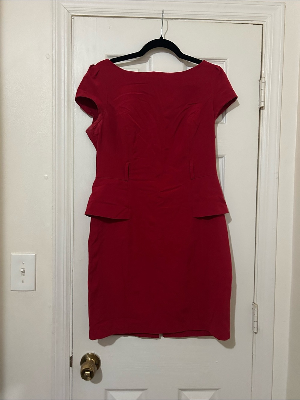 Red Short-Sleeve Peplum Sheath Dress